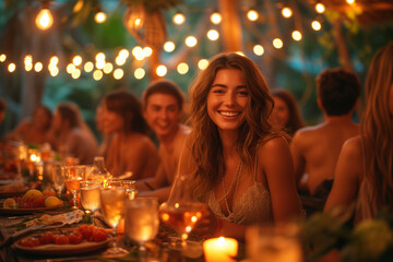 Smiling young woman enjoying a summer supper with friends, with refreshing drinks and fruit on the table.