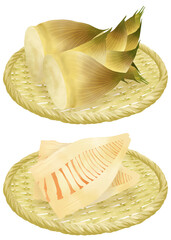 ザルにのったタケノコのイラスト／Illustration of bamboo shoots on a colander