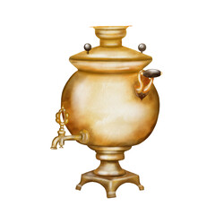 Watercolor drawing golden samovar hand drawing on isolated background. Beautiful traditional breakfast teapot. Illustration for printing on invitation cards and for children's learning cards. Tea in