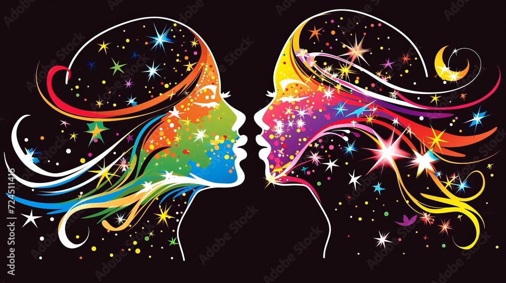 Poster gemini embodying witty and sociable traits with playful twin icons and dual expression