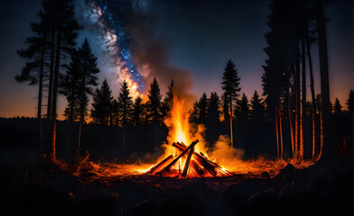 Bonfire illuminating a forest clearing under a starry night sky, vibrant orange and yellow flames contrasting with dark silhouetted trees. Generative AI
