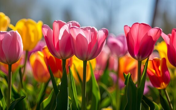 Tulip spring flowers bloom in nature field garden