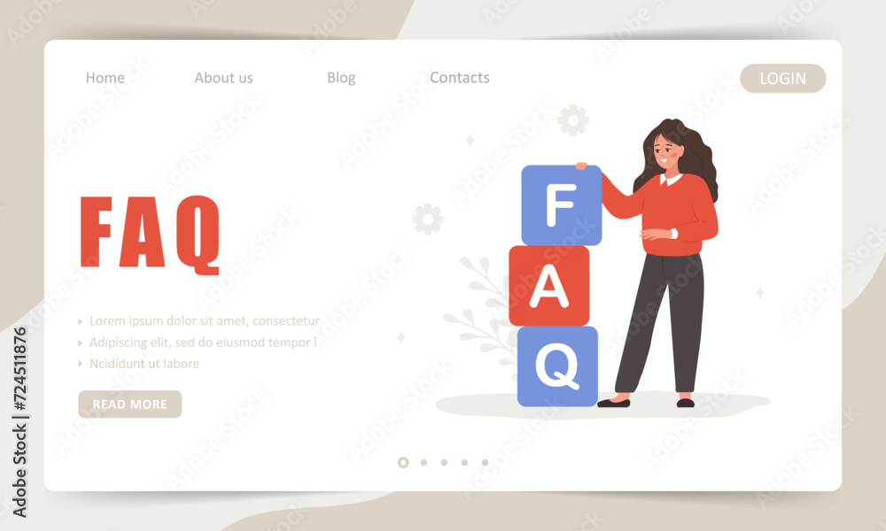 Canvas Prints faq concept. landing page template. woman standing nearby large cubes with letters faq. customer sup