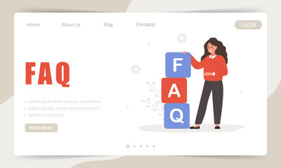 FAQ concept. Landing page template. Woman standing nearby large cubes with letters FAQ. Customer support and online help desk service. Vector illustration in flat cartoon style.