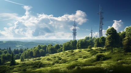 Obraz premium Eco-friendly cell towers camouflaged with greenery, standing tall in a serene forest clearing under a bright noon sky