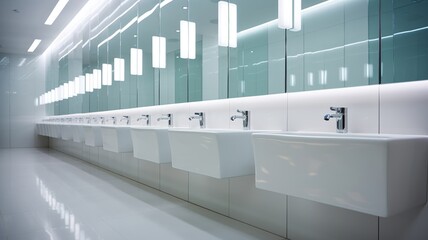 Row of clean, white washbasins with mirrors reflecting a hygienic public restroom's interior design