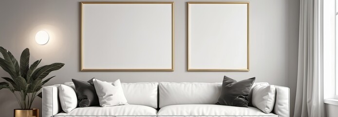Wall Art Mockup. modern living room with sofa and poster mockup. Interior mockup with luxury white sofa background. Modern interior design. 3D render