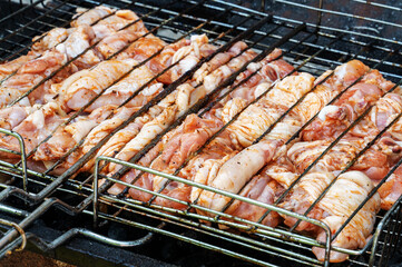 roasted slices of meat on a grill grilled over a fire. Chicken meat is cooked on grill grates.