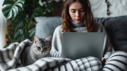 Woman with laptop sitting on sofa. Her cat is sitting nearby. 