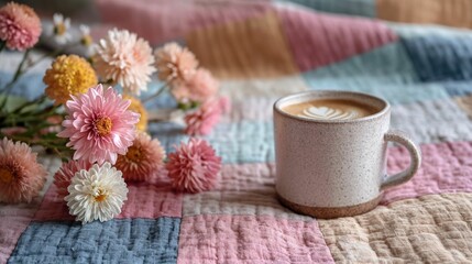 Obraz na płótnie Canvas Coffee Bliss: Cup of Coffee and Rustic Bouquet on Homely Patchwork Tablecloth