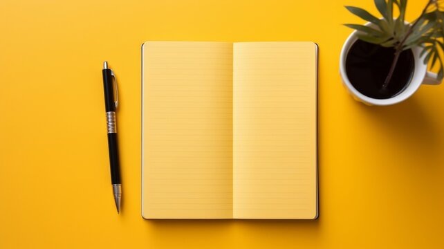 Professional notebook with a black pen on a vibrant yellow desk space