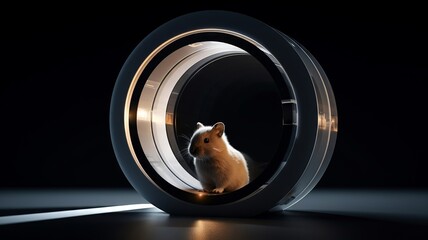 Curious hamster in a minimalist wheel, placed on a smooth, dark surface with a soft spotlight