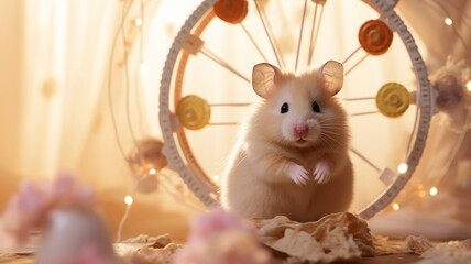 Playful hamster in a wire wheel, with a backdrop of pastel wallpaper in a cozy home setting