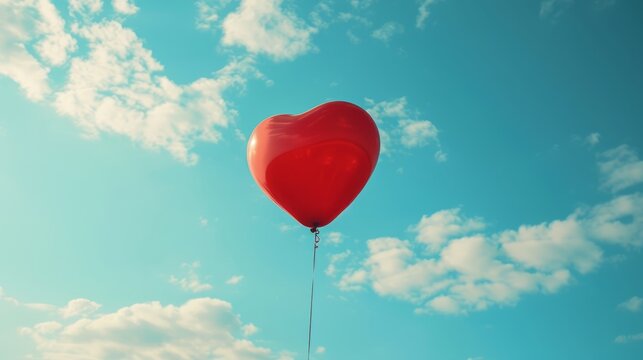 Heart-shaped helium balloon ascends, symbolizing the boundless journey of love soaring freely in the vast sky