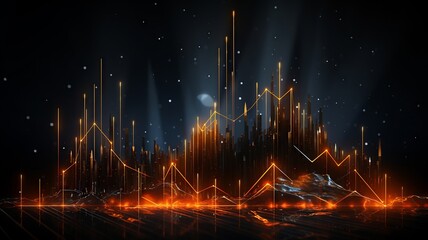 An abstract financial chart with glowing orange trends on a dark, cybernetic grid background - obrazy, fototapety, plakaty