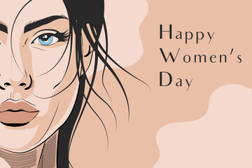 Vector flat portrait of a beautiful young woman close up on a minimalistic abstract background in delicate natural shades. International Women's Day greeting card template.
