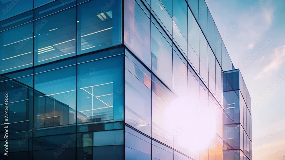 Poster the reflective gl surfaces of the building catch the last rays of sunlight creating a stunning visua