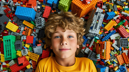 An imaginative 8-year-old dives into a world of endless possibilities, surrounded by an eclectic collection of vibrant Lego builds. - obrazy, fototapety, plakaty