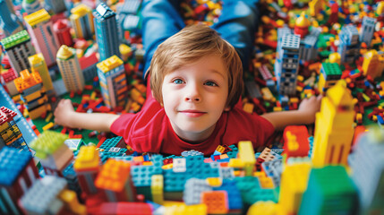 Fototapeta na wymiar An imaginative 8-year-old dives into a world of endless possibilities, surrounded by an eclectic collection of vibrant Lego builds.