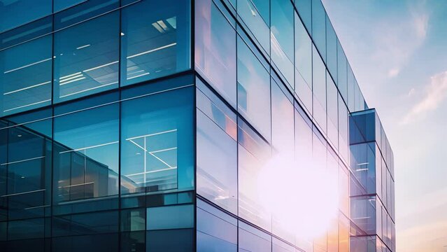 The reflective gl surfaces of the building catch the last rays of sunlight creating a stunning visual effect that adds depth and dimension to the office design.