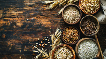 Top view flat lay of various kinds of whole grains on the table with copy space. Food raw ingredient background concept.