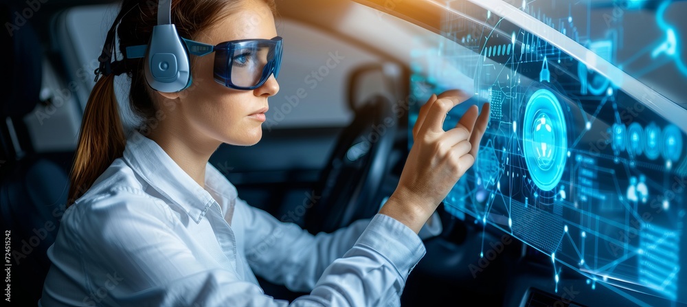 Poster engineer programming autonomous vehicle with interactive holographic elements in blurred background