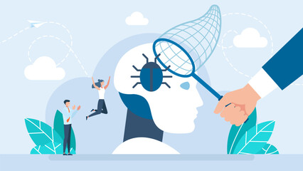 AI bug. Robot tester finding, searching program bugs, mistakes. Robot error concept. AI checks code and fixes errors. Antivirus and fighting bugs in program or application. Vector illustration
