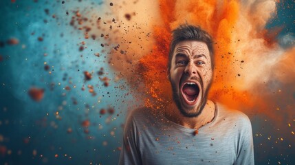 A young man with a beard shrieking very loudly with paint explosion around him - obrazy, fototapety, plakaty