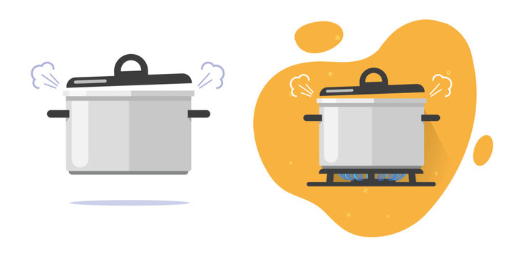 Boiling water pan pot cooking soup on fire gas stove steaming icon vector flat cartoon illustration graphic image clipart