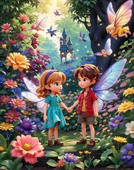 Tiny a boy and a girl fairy friends in a garden full of vibrant plants