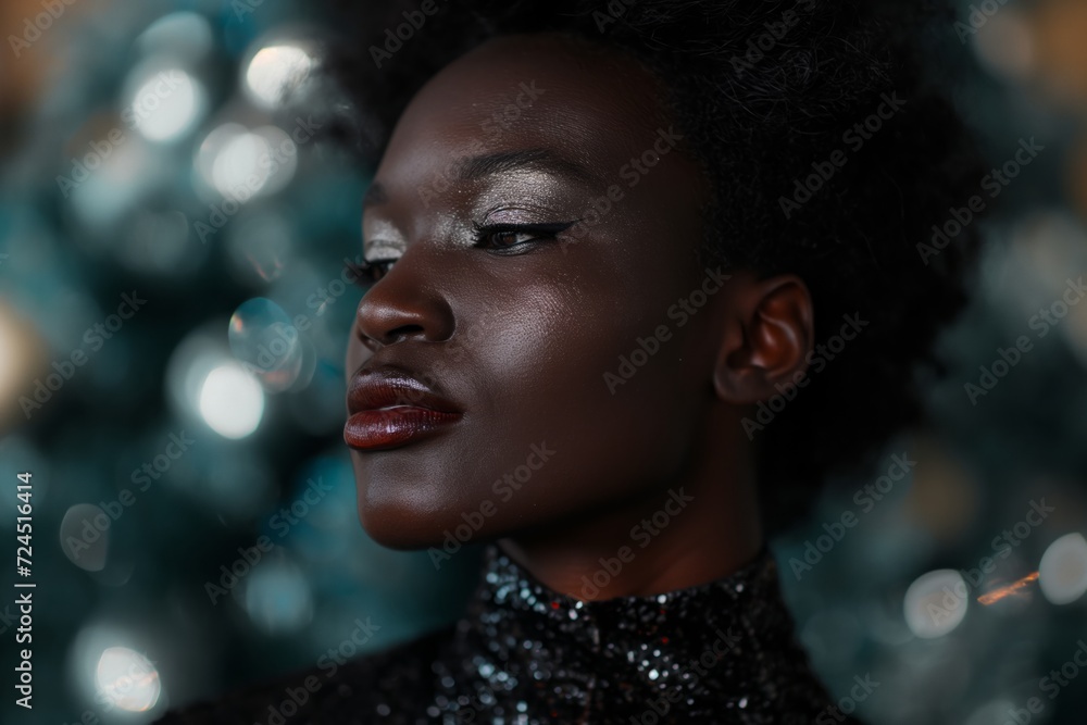 Poster Beautiful African American woman with bright make up wears shiny silver dress