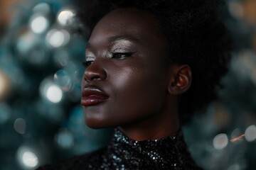 Beautiful African American woman with bright make up wears shiny silver dress