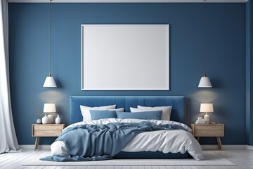 Blue bedroom interior space with mock up poster on wall background. Interior of a bedroom. 3d render