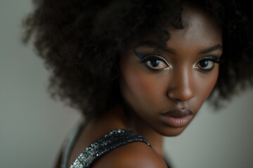 Beautiful African American woman with bright make up wears shiny silver dress