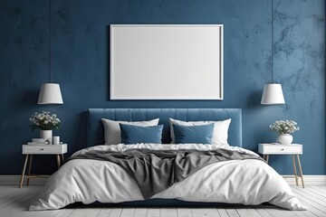 Blue bedroom interior space with mock up poster on wall background. Interior of a bedroom. 3d render