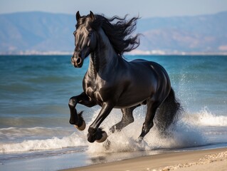 Obraz na płótnie Canvas Beautiful black horse running on the sea beach ultra HD wallpaper image