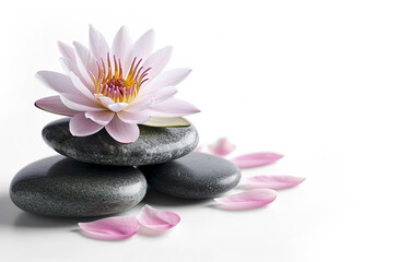 Fototapeta na wymiar Tranquil spa stones complement lotus blooms, isolated on transparent background. PNG