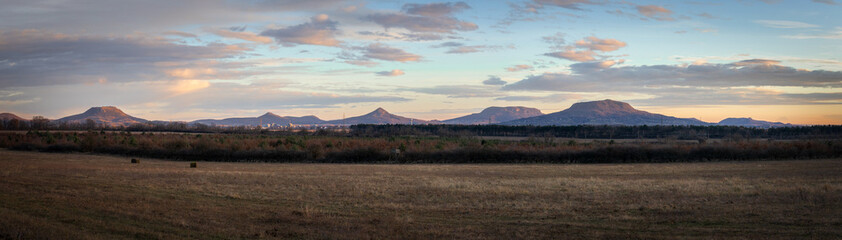 Idyllic panoramic view over the landscape at volcanoes, Hungary, near small town Tapolca, in the late afternoon sunlight