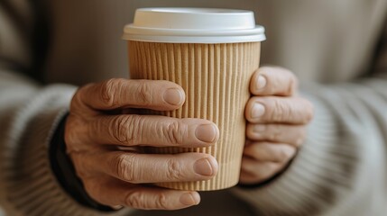 Close up of senior man s hand holding an empty coffee to go paper cup, with focus on the details.