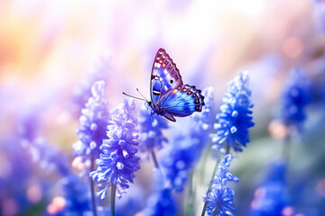 Muscari flowers and butterfly on blurred background