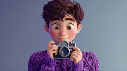 A vibrant and trendy cartoon teenager with a camera, sporting a stylish plum purple sweater, captured in a captivating 3D headshot illustration. This eye-catching and dynamic image is perfec