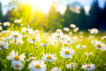 Field of daisies at sunny day