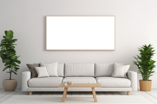Blank picture hanging on wall in room interior, empty mockup for custom design