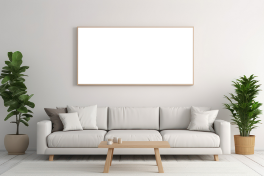 Blank picture hanging on wall in room interior, empty mockup for custom design