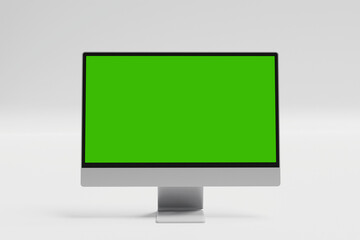 Deskop computer display with green screen isolated on white background, white aluminium body. 3D illustration, 3D rendering.