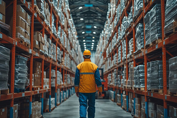 Warehouse worker in coverall and a helmet walks among shelves full of products