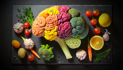 Closeup of a human brain made of fruits and vegetables on a black stone cutting board and a black table. Generative Ai. - obrazy, fototapety, plakaty