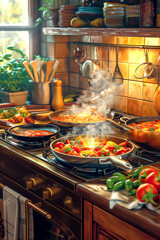 Cooking, kitchen cooking equipment. Preparing food. Highly detailed images Arrange the elements to be beautiful and colorful. and the atmosphere related to cooking food, condiments, plates, bowls