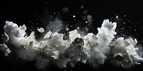 Explosion of white powder isolated, White powder cloud in an abstract pattern on a dark background. 