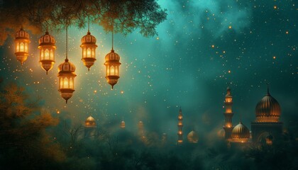 lanterns hanging from a tree with lights in the blur background